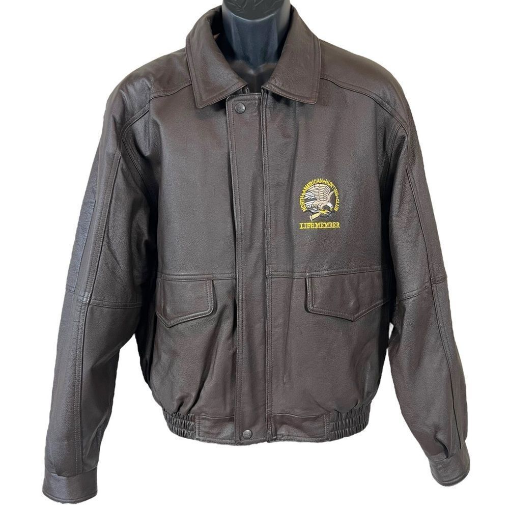 North American Hunting Club Life Members Brown Leather Bomber Jacket